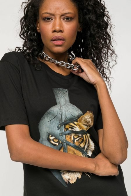 Zero Collar T-shirt Black Lion Printed Women