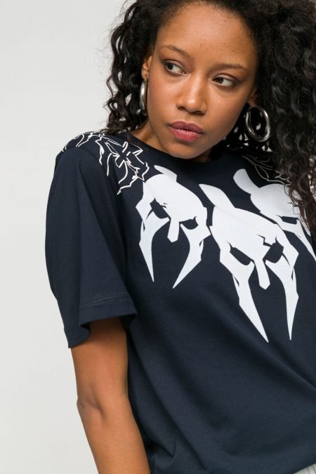 Zero Collar T-shirt Navy Blue Collar Printed Women