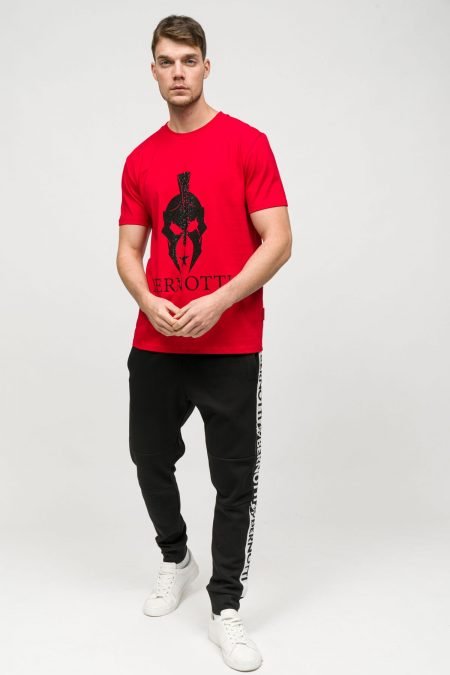Crew Neck T-shirt Red Stone Printed Men's