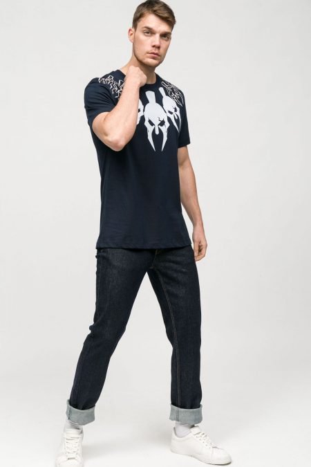 Zero Collar T-shirt Navy Blue Collar Printed Men