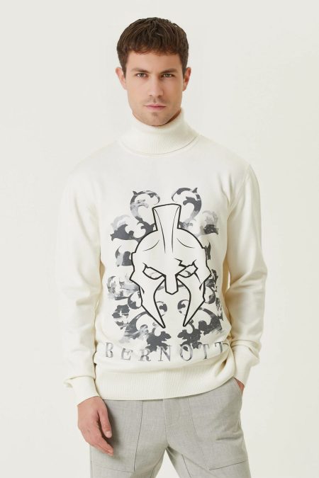 Men's White Turtleneck Knitwear Sweater