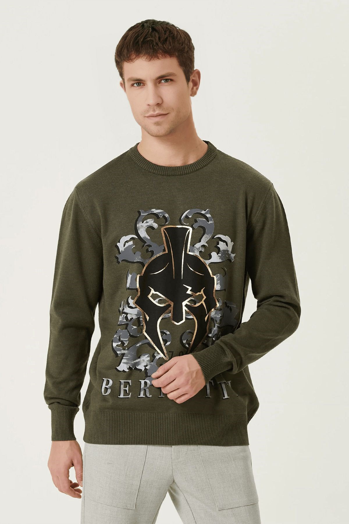 Men's Khaki Crew Neck Knitwear Sweater